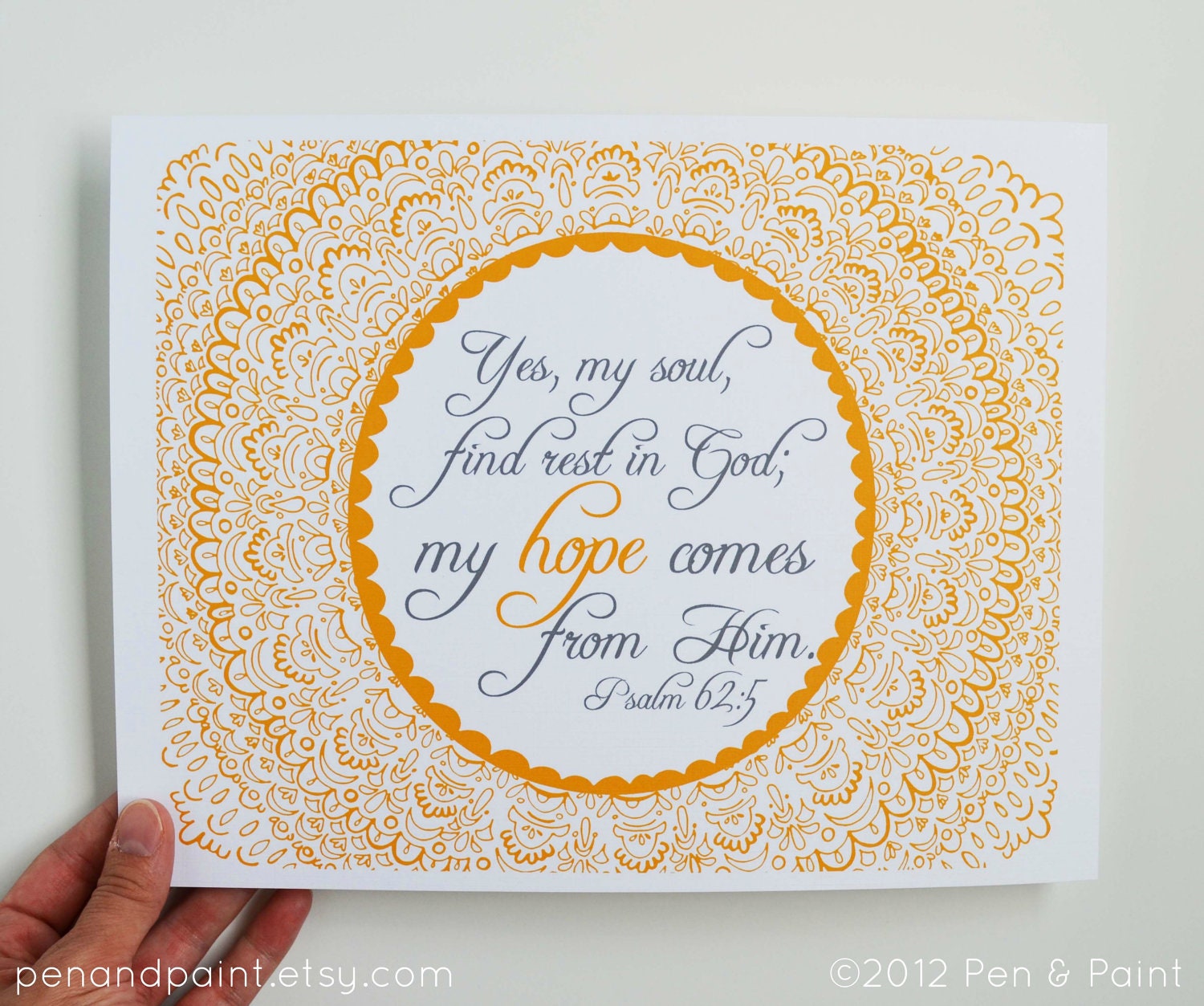 Bible Verse, Hope, Scripture, Illustration, Wall Art, Home Decor, Psalm, Inspiring Quote 8 x 10 Art Print, Mustard