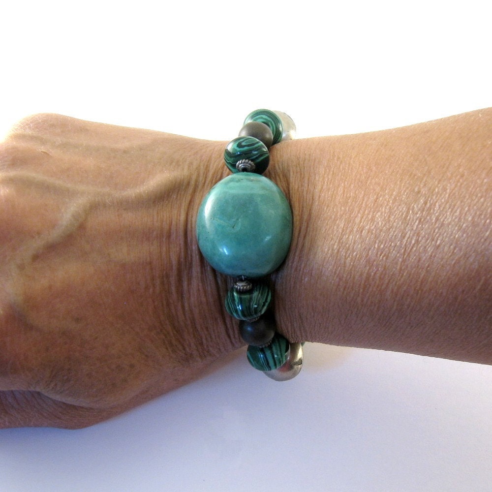 Chinese Turquoise Bracelet Green Gunmetal Beaded Silver Bracelet