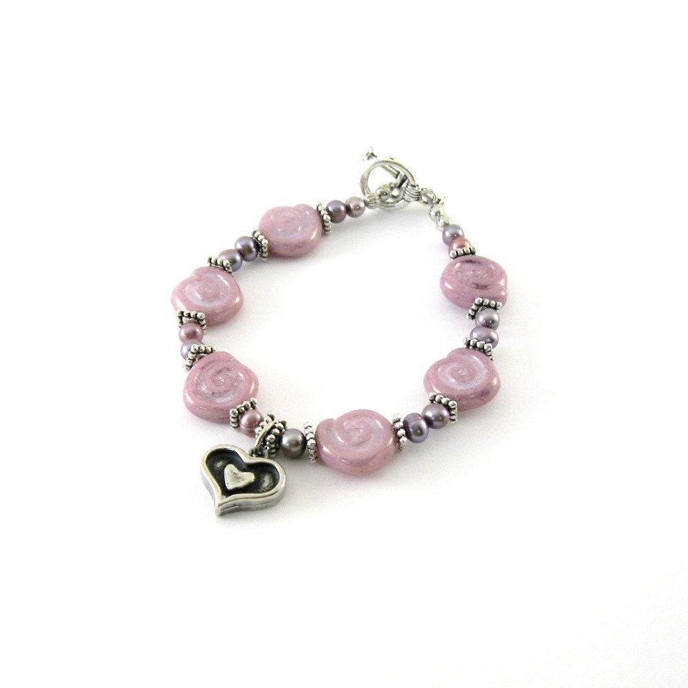 Purple Pink Bracelet Swirl Freshwater Pearl Pink Czech Glass Antique Silver Heart Swirl Silver Plated Square Spacer Beaded Bracelet