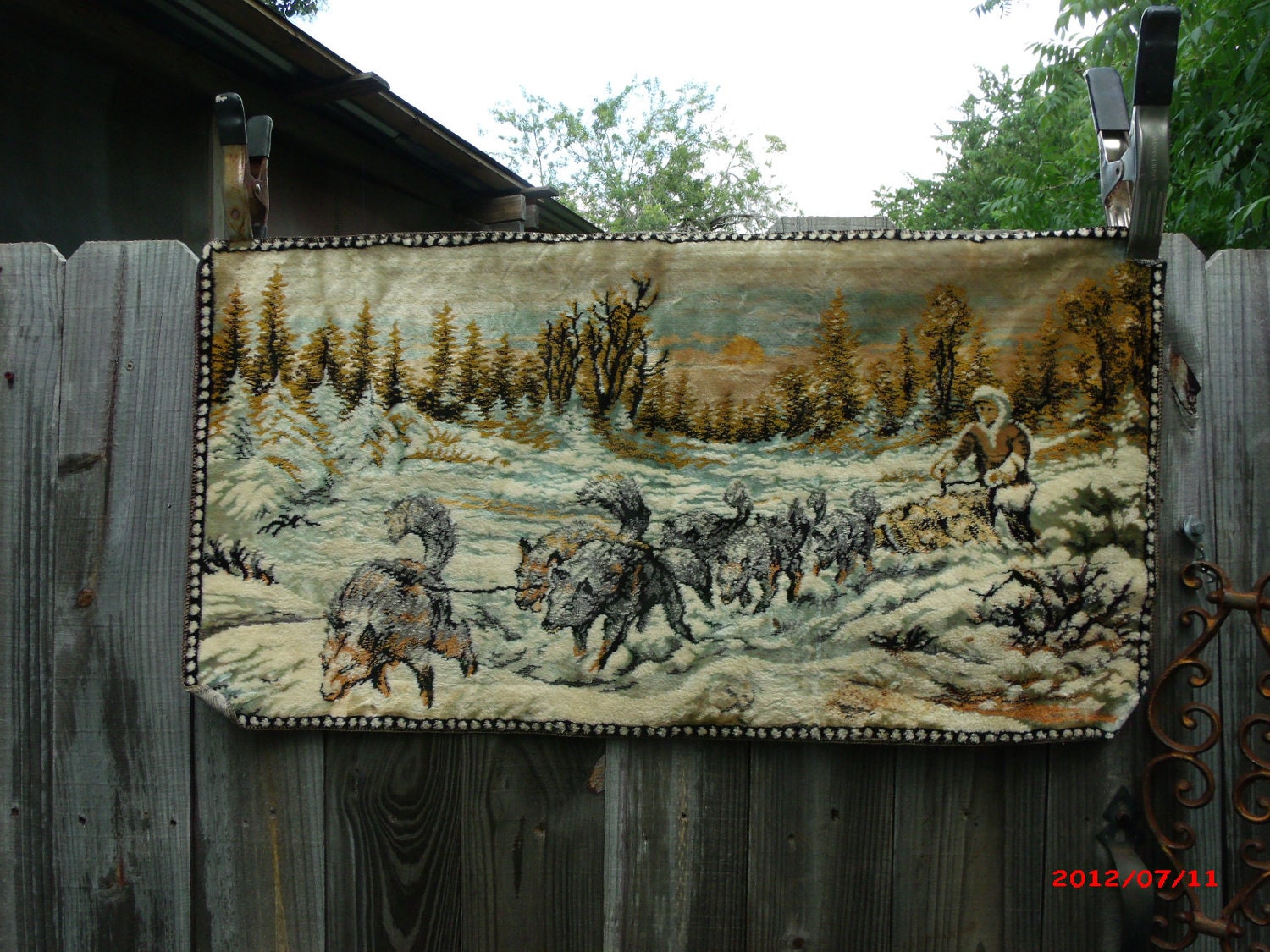 Vintage Tapestry of Snow Landscape Winter Scene w Sled & Dogs