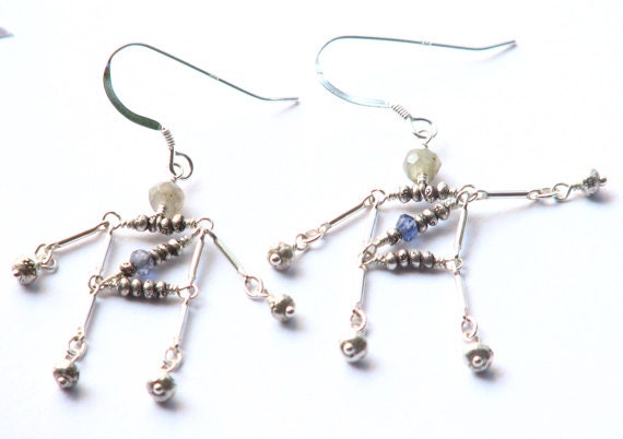 Gemstone robot dangle earrings- blue science earrings- sapphire iolite geek earrings- sterling silver- September birthstone- B.A.D. Robot