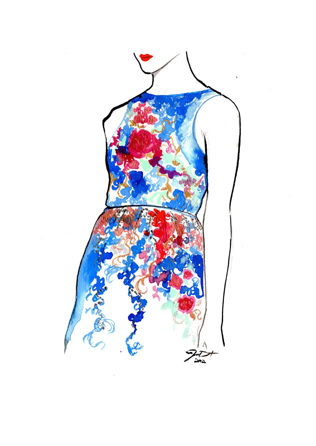 Original watercolor fashion illustration by Jessica Durrant titled Garden Party