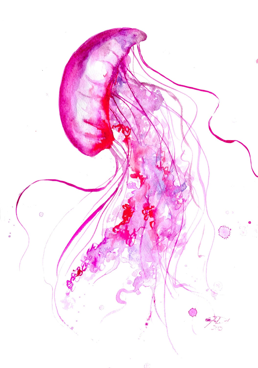 Watercolor jellyfish series by Jessica Durrant, print from original titled Neon Flicker