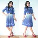 1970's Navy Blue Scarf Print Dress / Gradient Ombre Polka Dot Print / Floral Midi Dress