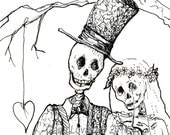 Skeleton Art Day of the Dead   - Print - Wedding Bride Groom Dios De Los muertos Halloween