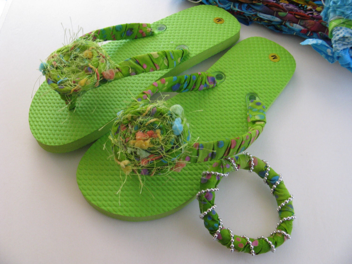 Lime Green Decorated Flip Flops with Matching Bracelet