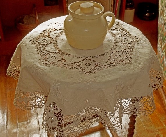 Round Vintage Belgian Linen & Lace Tablecloth - Natural Ecru - Small ...