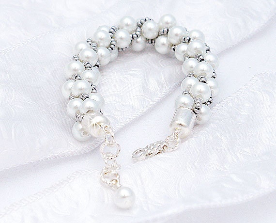 White Glass Pearls and Silver Crochet  Bracelet