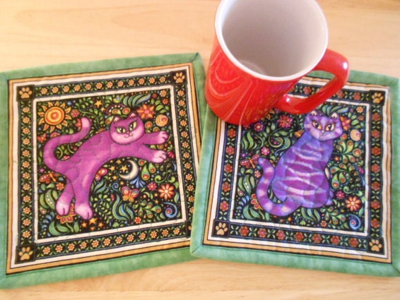 Cats Quilted Mug Rugs set of 2, Large Coasters, Candle Mats, RJR Sew Catty Fabric Purple