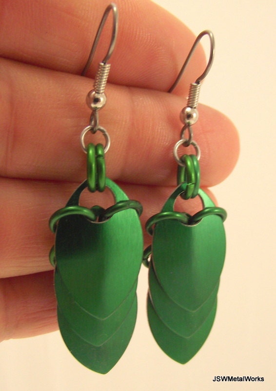 Sleek Green Small Scale Earrings, Scalemail, Scale Earrings, Aluminum Earrings