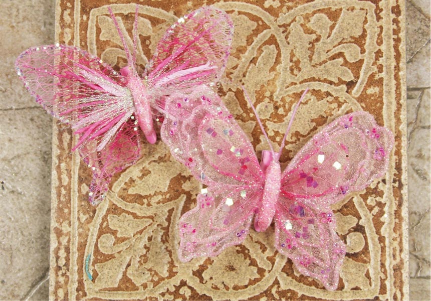Prima Butterflies - 2 per pack - Beautiful Glittered Embellishments - 537074 Pink Glitter Butterfly Clips