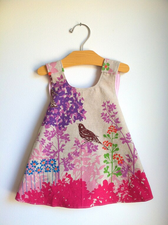 Wish Border Pink Birds Reversible Modern Pinafore Dress by Noah and Lilah - handmade pinnie - butterfly applique