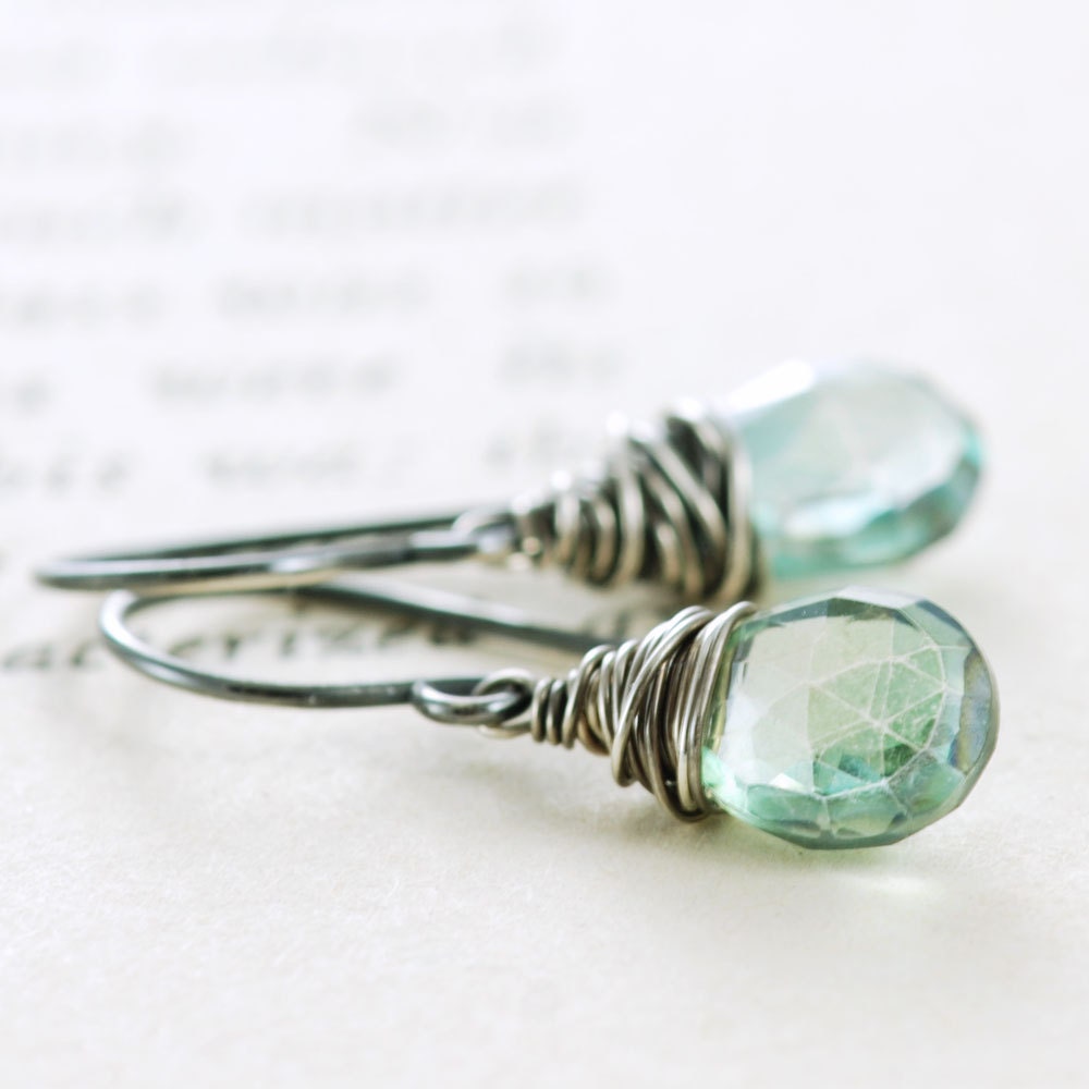 Wire Wrapped Teal Green Gemstone Earrings, Sterling Silver Dangle Earrings