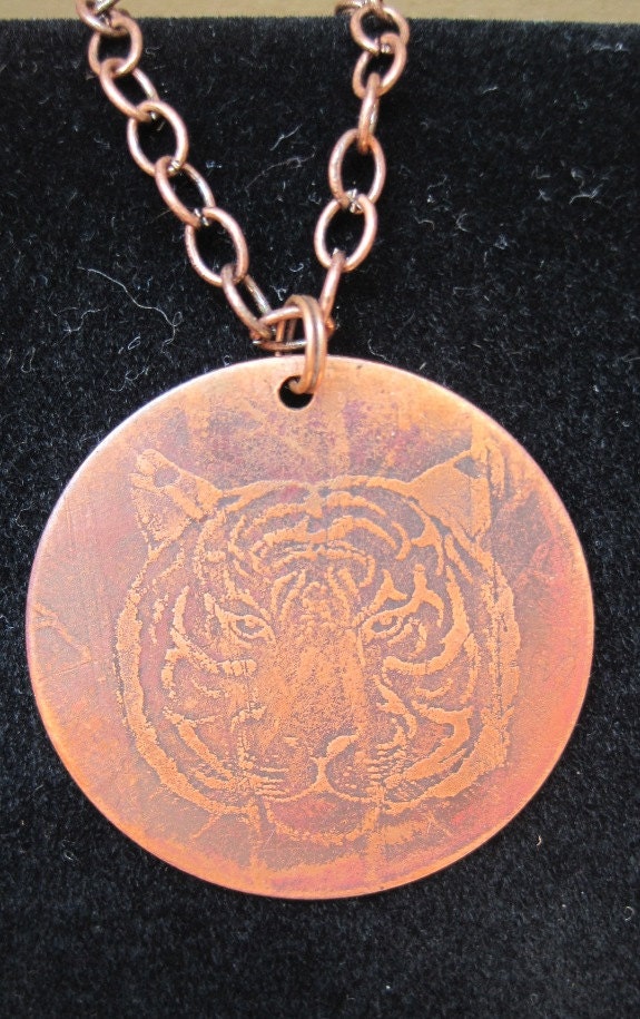 Copper etched tiger pendant