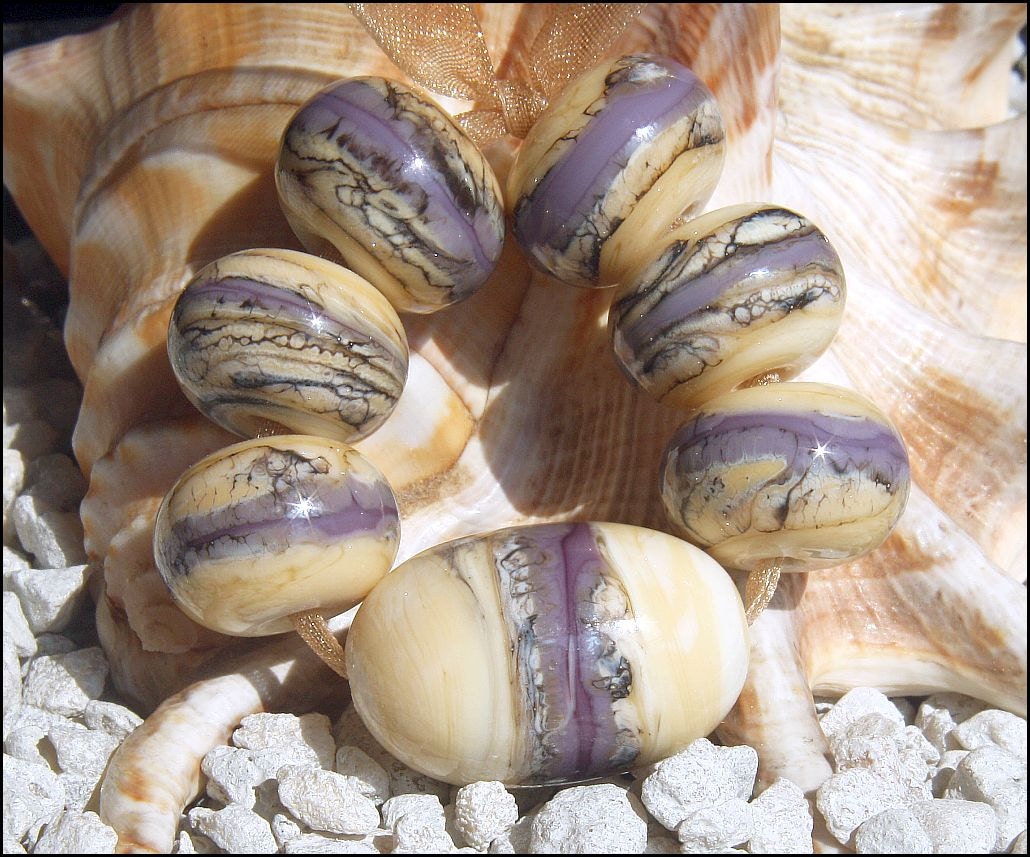 Handmade Lampwork Bead Set (7) large chunky glass beads ivory cream Lavender Canyon