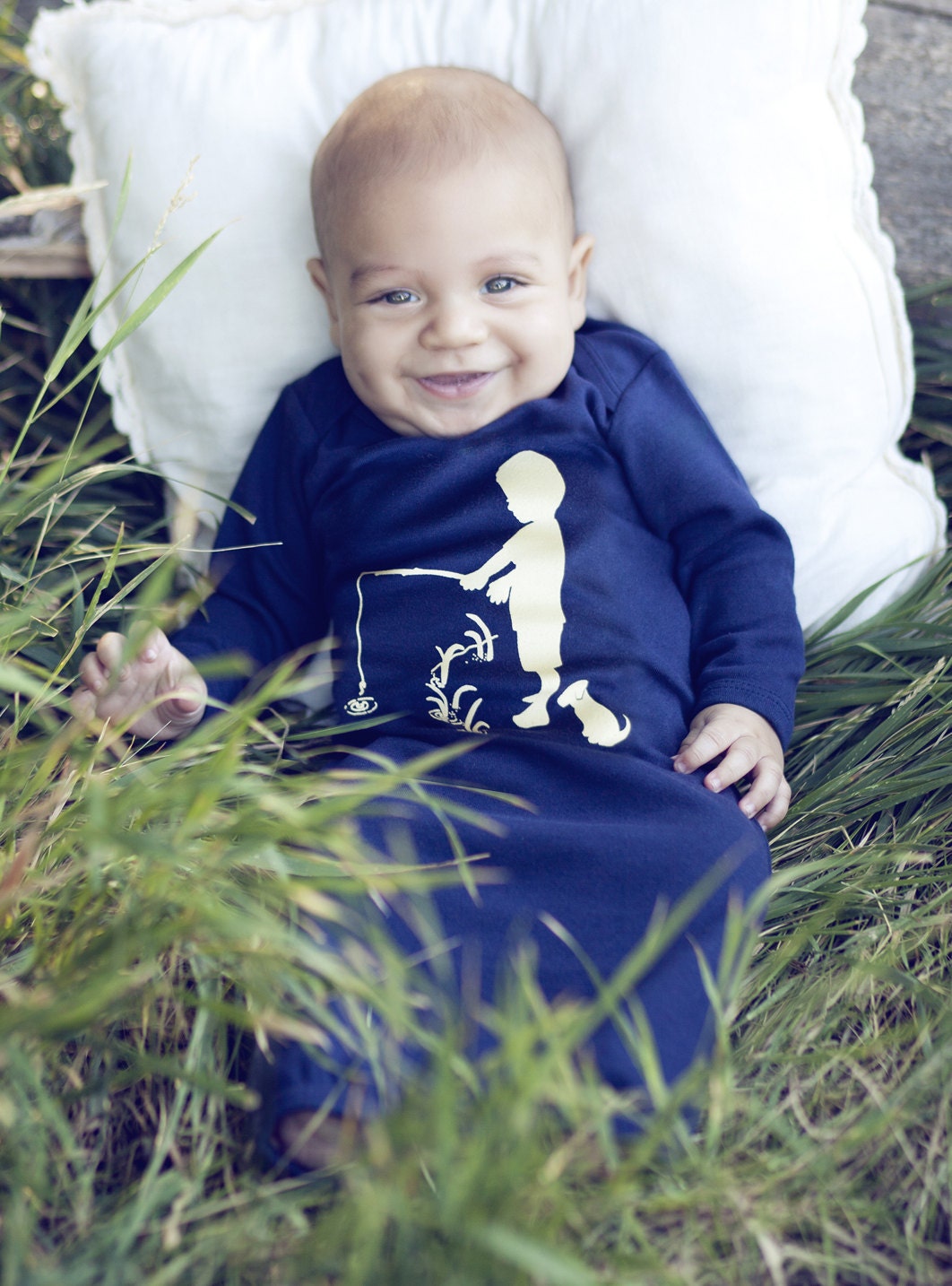 Infant Long Sleeved Nostalgic Graphic Tee Layette Sleeper Gown / Sleep Sack - Fisherman In Navy