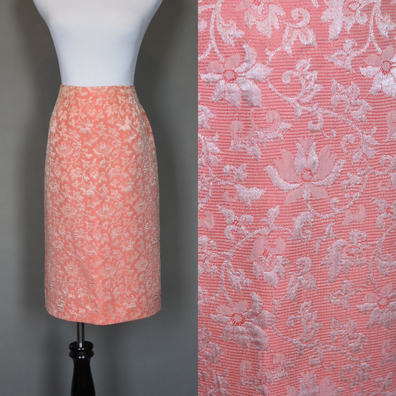 Vintage 60s Skirt Brocade 1960s Coral Pink Pencil Skirt High Waist Floral Medium by Lou-ette