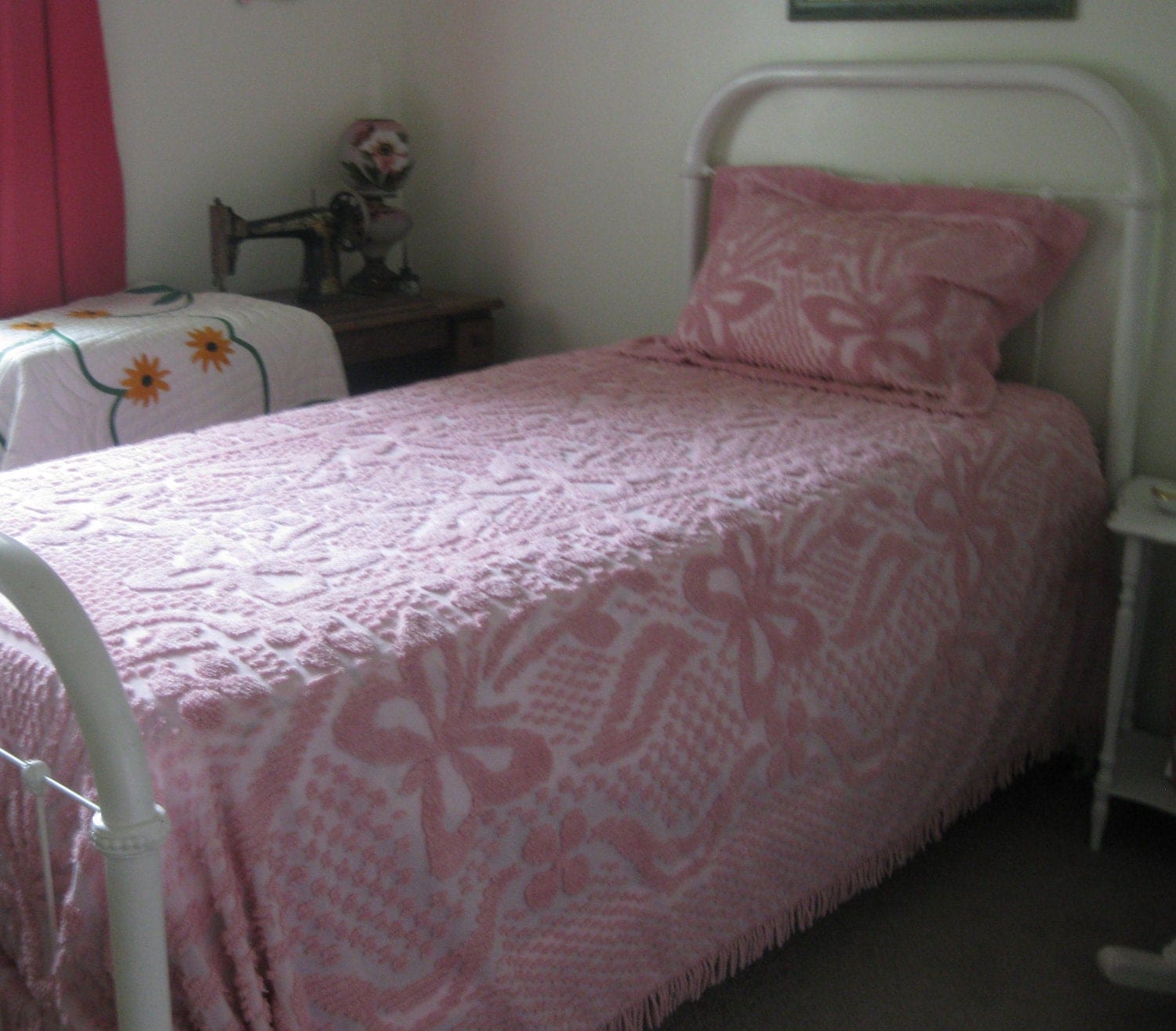Vintage Twin Cotton Pink Chenille Bedspread and by mycrochetgarden