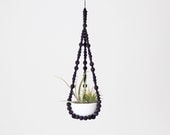 Small Beaded Hanging Planter with Cup / Scandinavian Modern Plant Hanger / Hand Dyed Wood Beads - HRUSKAA