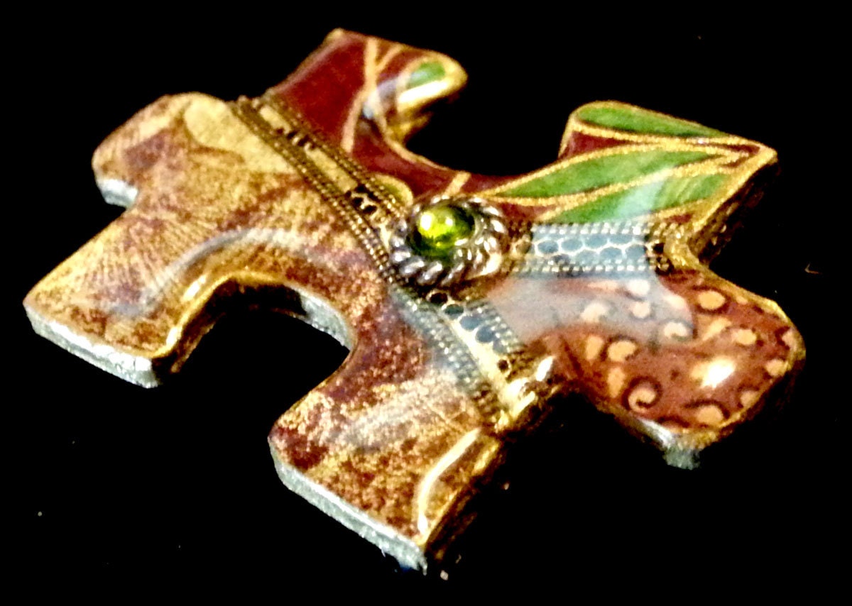 Puzzle Piece Decoupage Lapel Pin Paisley Green Gold Brown and Green Stone Very Unique