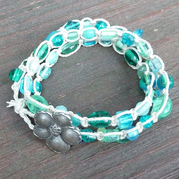 Aqua Bracelet - Hemp Wrap Bracelet, Teal Glass, Macrame Bracelet, Beach Theme