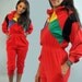 80s vintage JUMPSUIT / Velour Color Block Vintage Womens Jumpsuit / Zipper Front & Taper Legs S / M