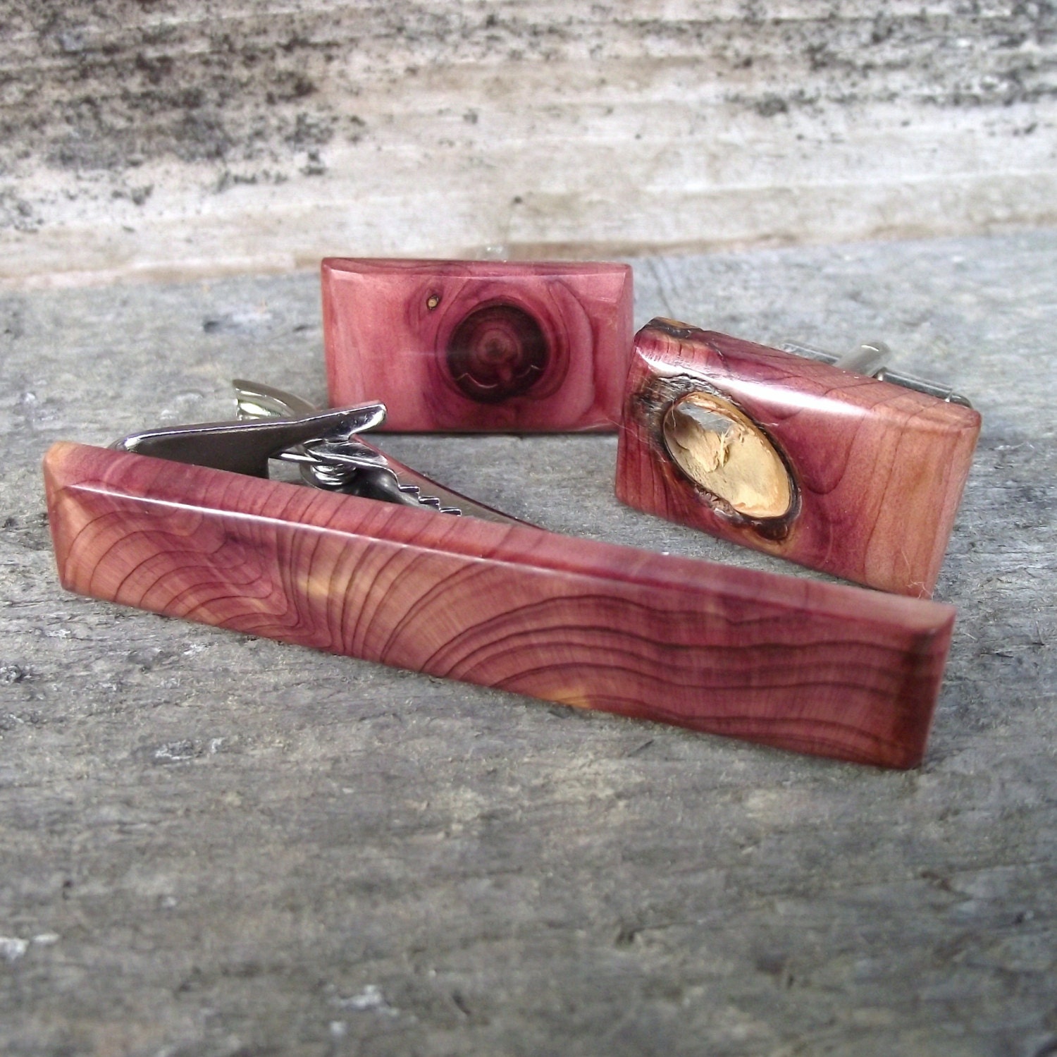 Wood Cuff Links and Tie Bar Set - Handmade Rectangular Cedar Wood Wooden Cufflinks - For the Groom, Father, or 5-Year Anniversary Gift