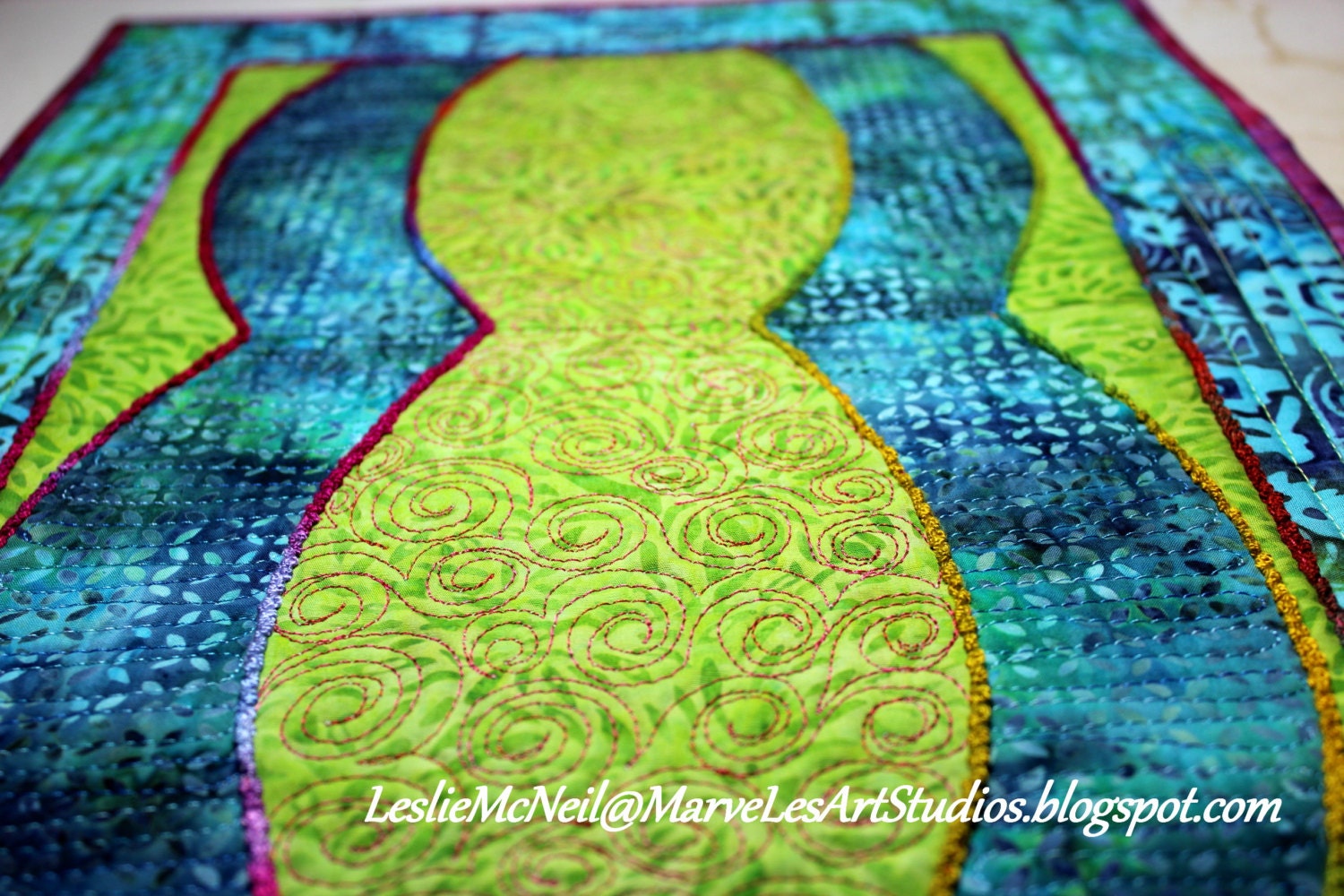 MarveLes CURVALICIOUS in LIME Art Quilt  table runner Home Decor Dining Decor Turquoise Green Purple Berry