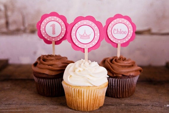 CUPCAKE TOPPERS - Princess Crown Theme Happy Birthday Party Decorations in Light & Hot Pink Il_570xn