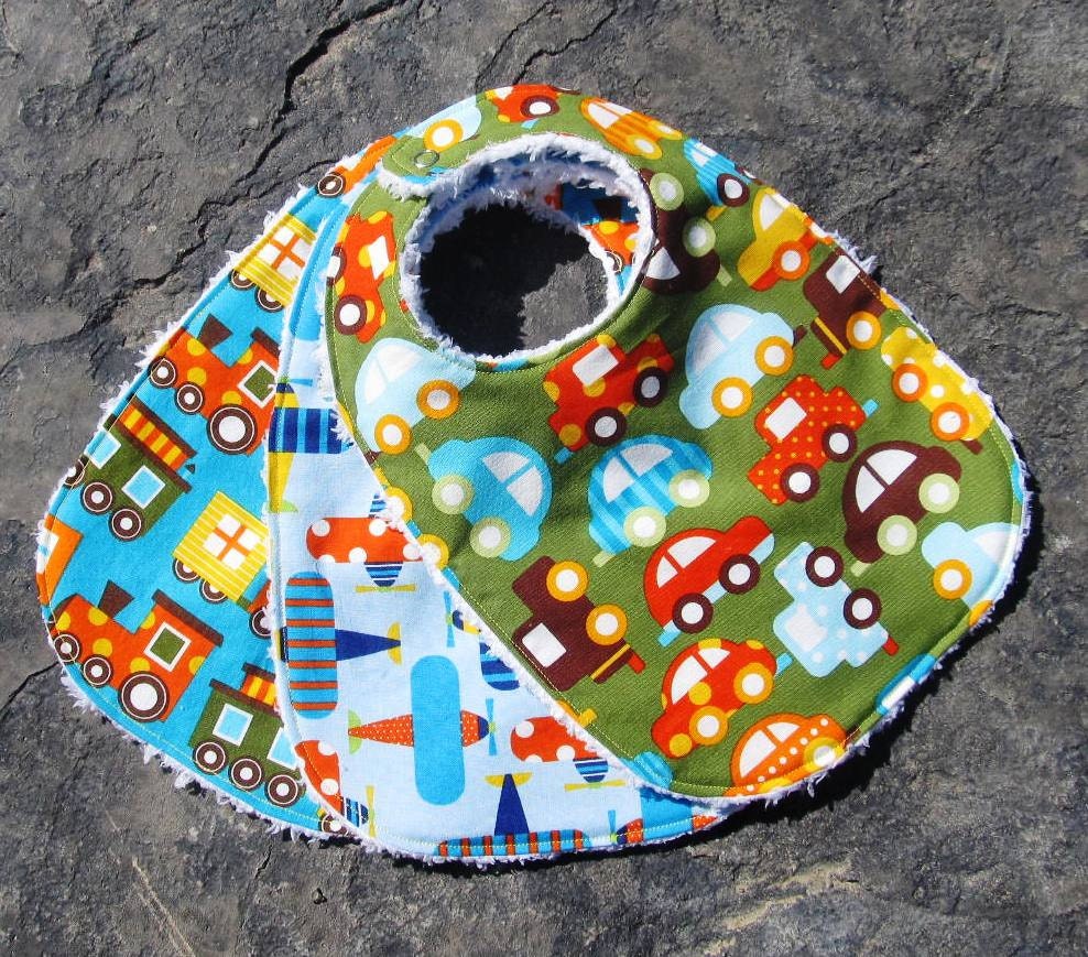 Baby Boy Bibs, Set of 3, Organic Cotton Bibs, Airplanes, Trains, & Cars, Robert Kaufman Ready Set Go- Custom Made Designer Bibs