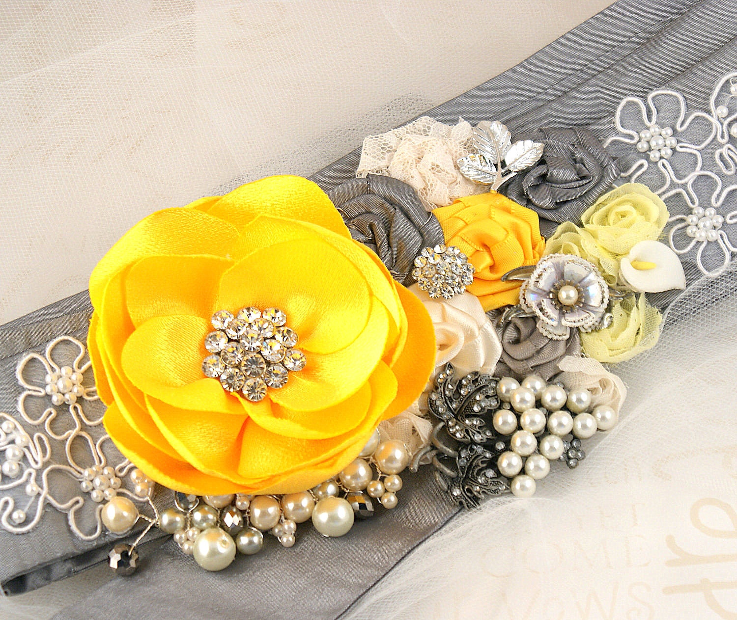 Sash- Bridal Sash in Yellow, Grey and Silver with Satin Flowers, Lace, Jewels, Vintage Brooches, Pearls and Crystals