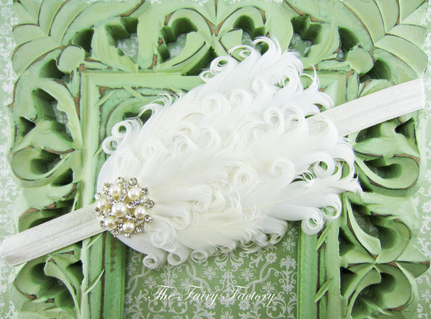 Feather Headband - Ivory Feather Headband w/ Pearl & Crystal Accent, Baptism, Christening, Wedding, Baby Toddler Child Girls Headband Adult