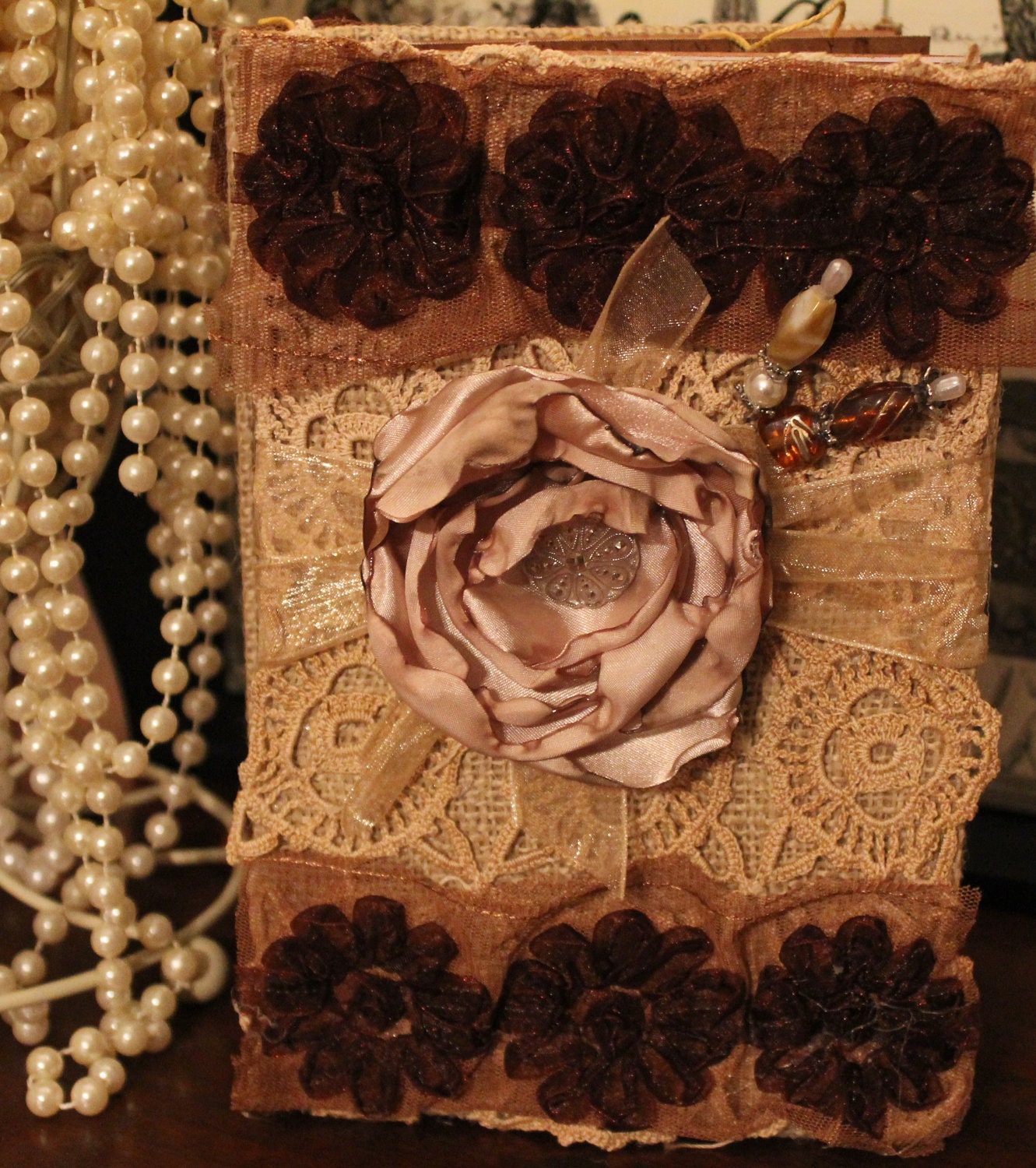 Handmade Wedding Guest Book Rustic Burlap and Floral Tan Ivory and Brown Just Beautiful Scrapbookgiggles