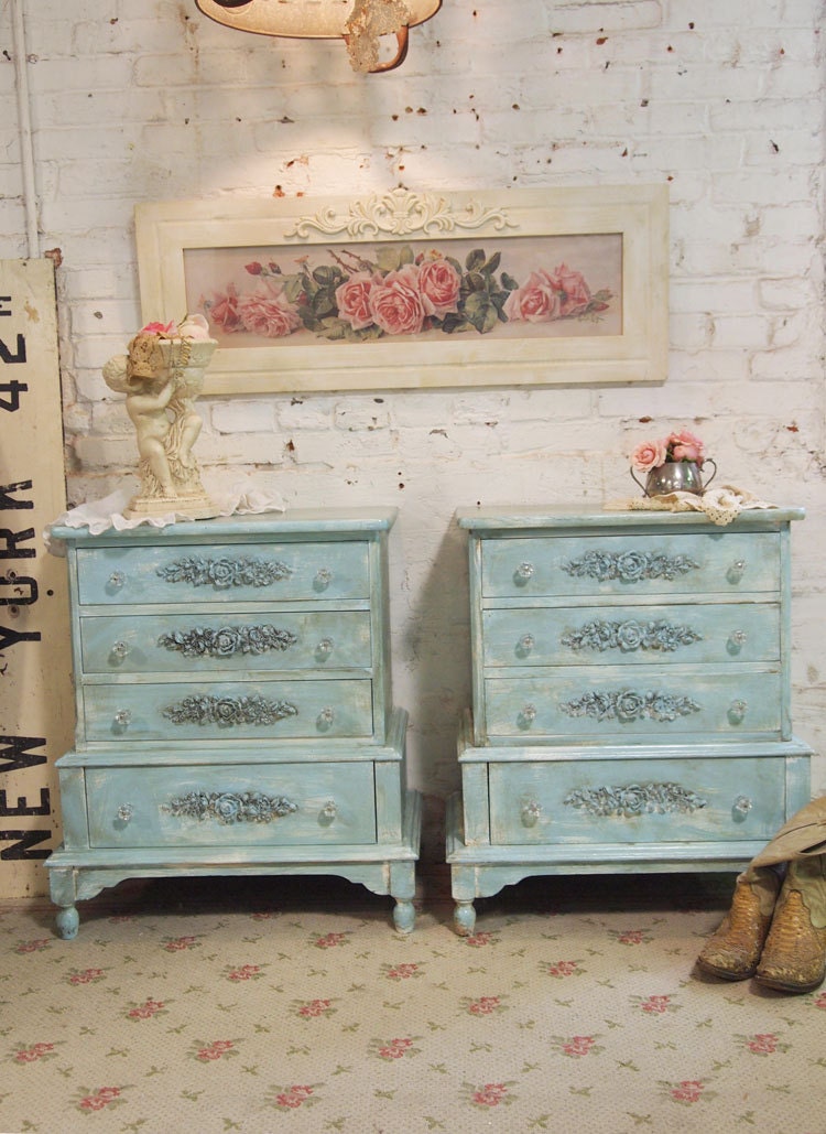 Painted Cottage Chic Shabby Pair of Aqua Night Tables NT443