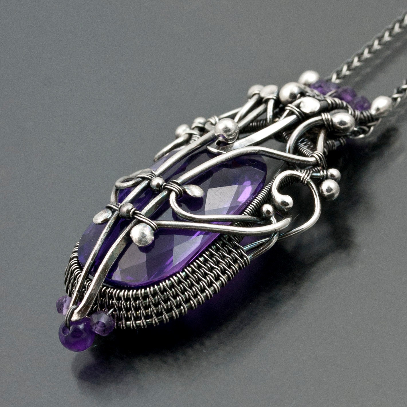 Amethyst Pendant, Fine Silver Necklace - Purple Scarab Beetle