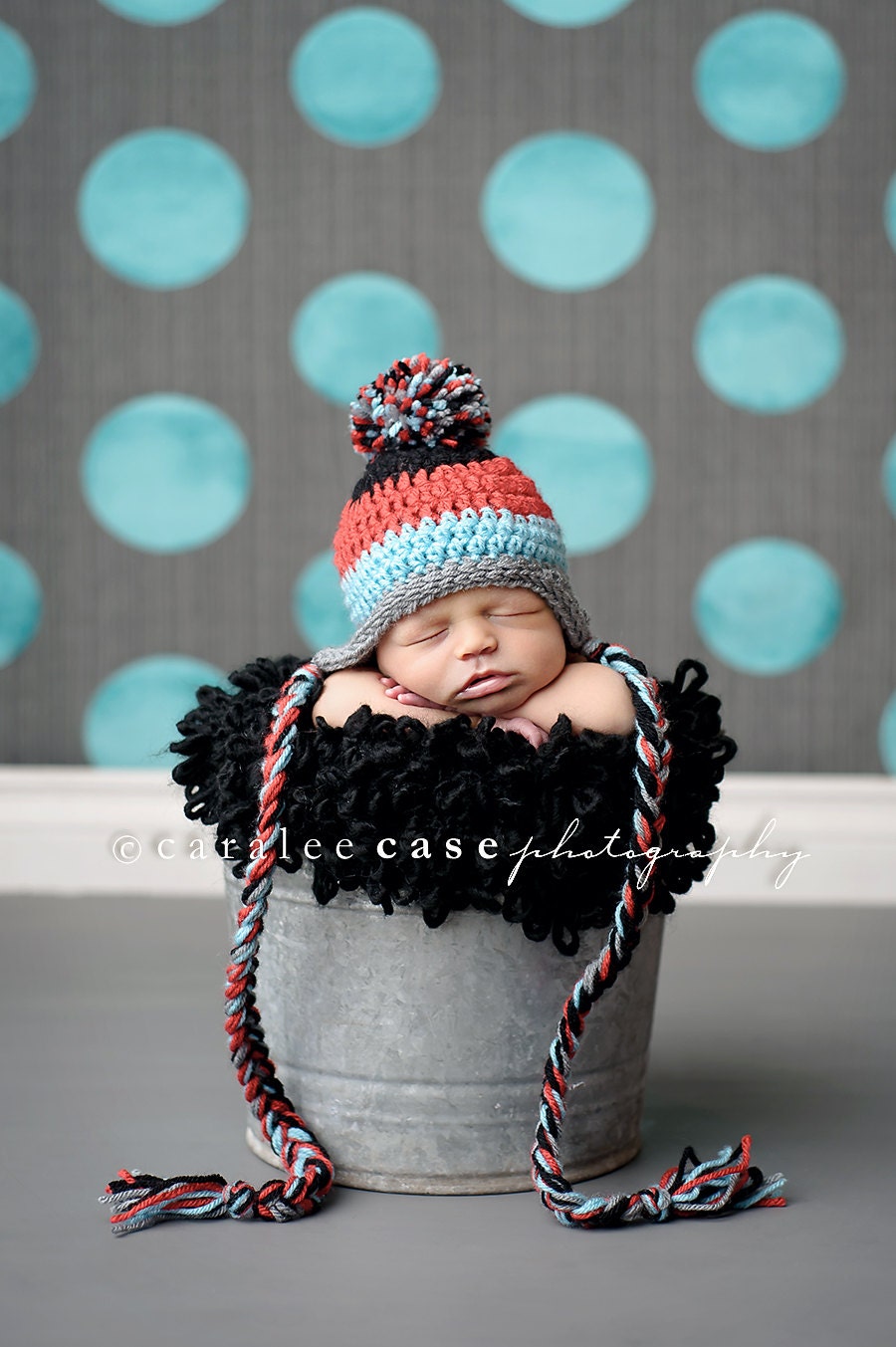 Baby Boy Earflap Beanie in Red, Aqua, Grey, and Black