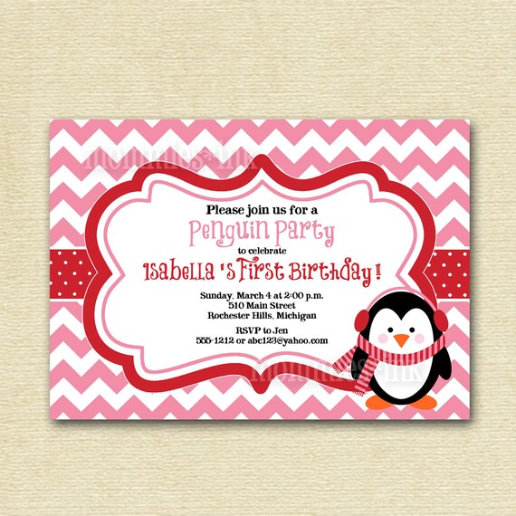 Penguin Chevron Birthday Invite - Pink and Red or Teal and Red - PRINTABLE INVITATION DESIGN Il_570xn