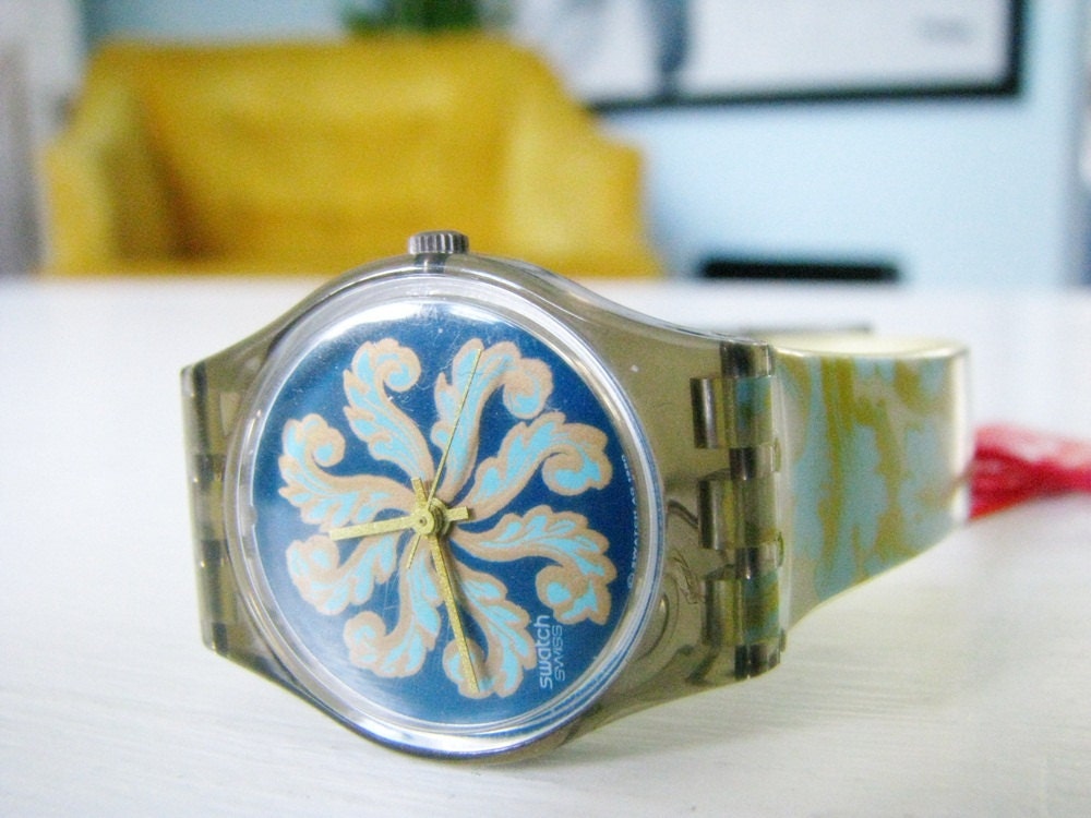 vintage 1990 Swatch Watch - swirls in aqua and gold - Brode D'or