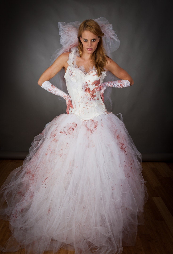 Size Medium Bloody Tulle burlesque prom dress Zombie Corpse killer Bride with veil and gloves costume Ready to Ship