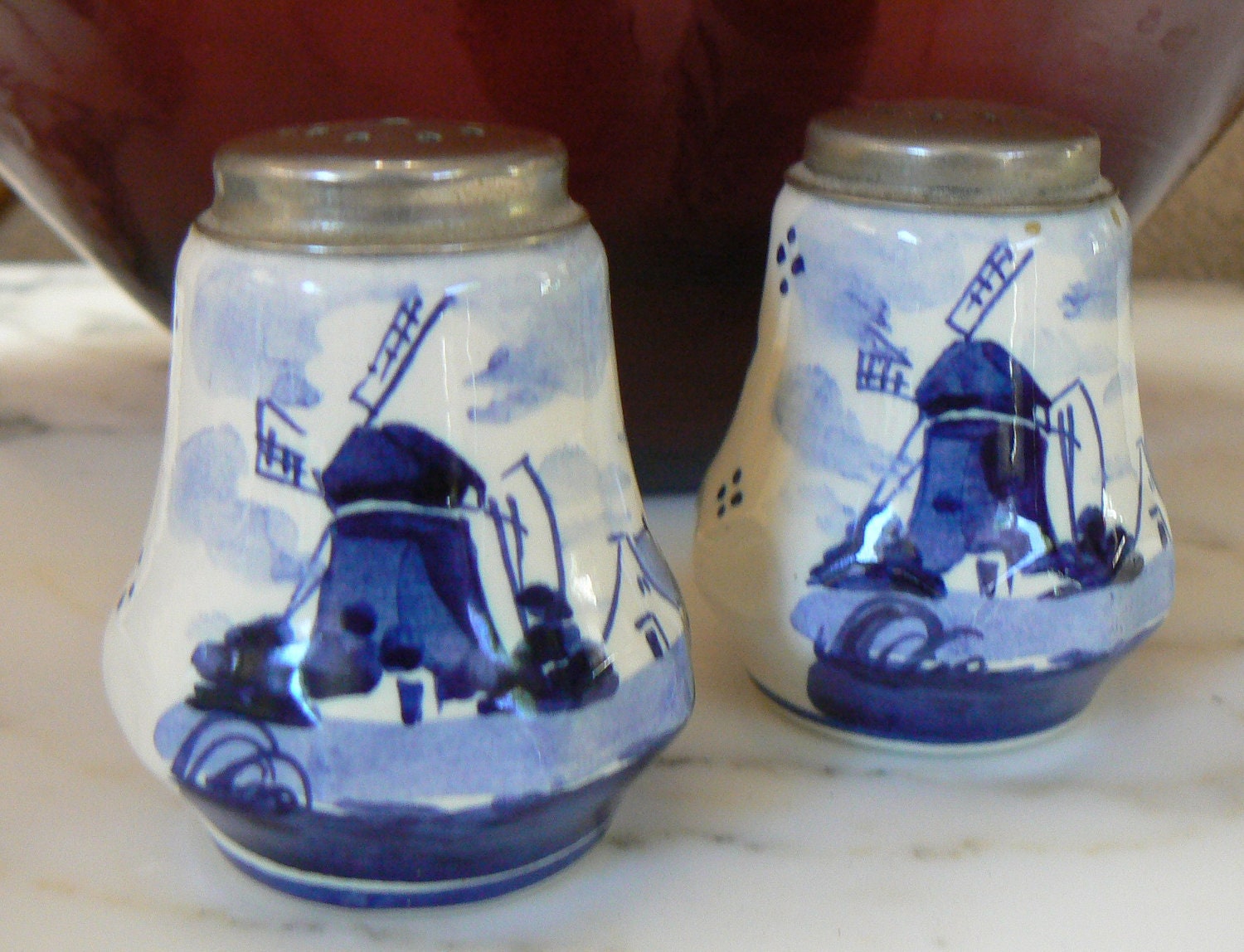 Dutch Delft Windmills Salt and Pepper Shakers Hand Painted Made in Holland Quality Vintage