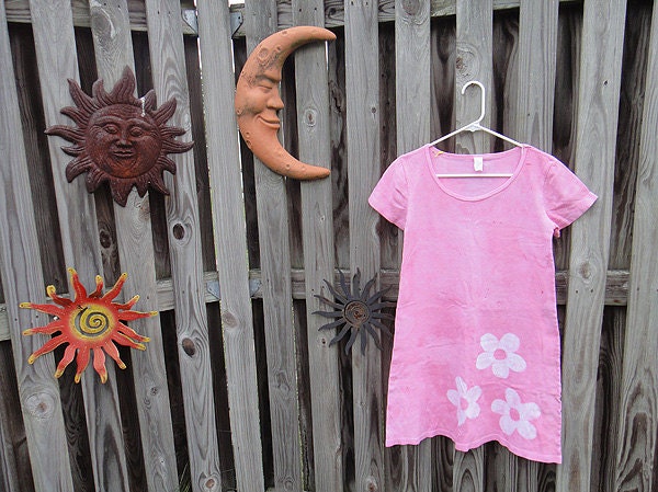 Ladies Dress: Pink with Batik Flowers, Short Sleeves (S) MADE IN USA