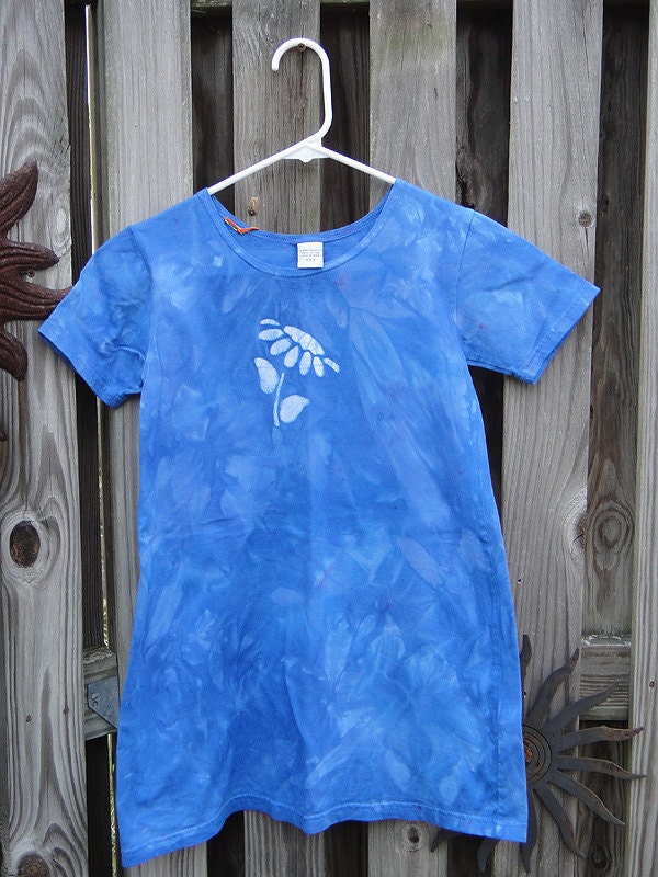 Girls Dress: Blue with Batik Flower, Short Sleeves (Size 8) READY TO SHIP
