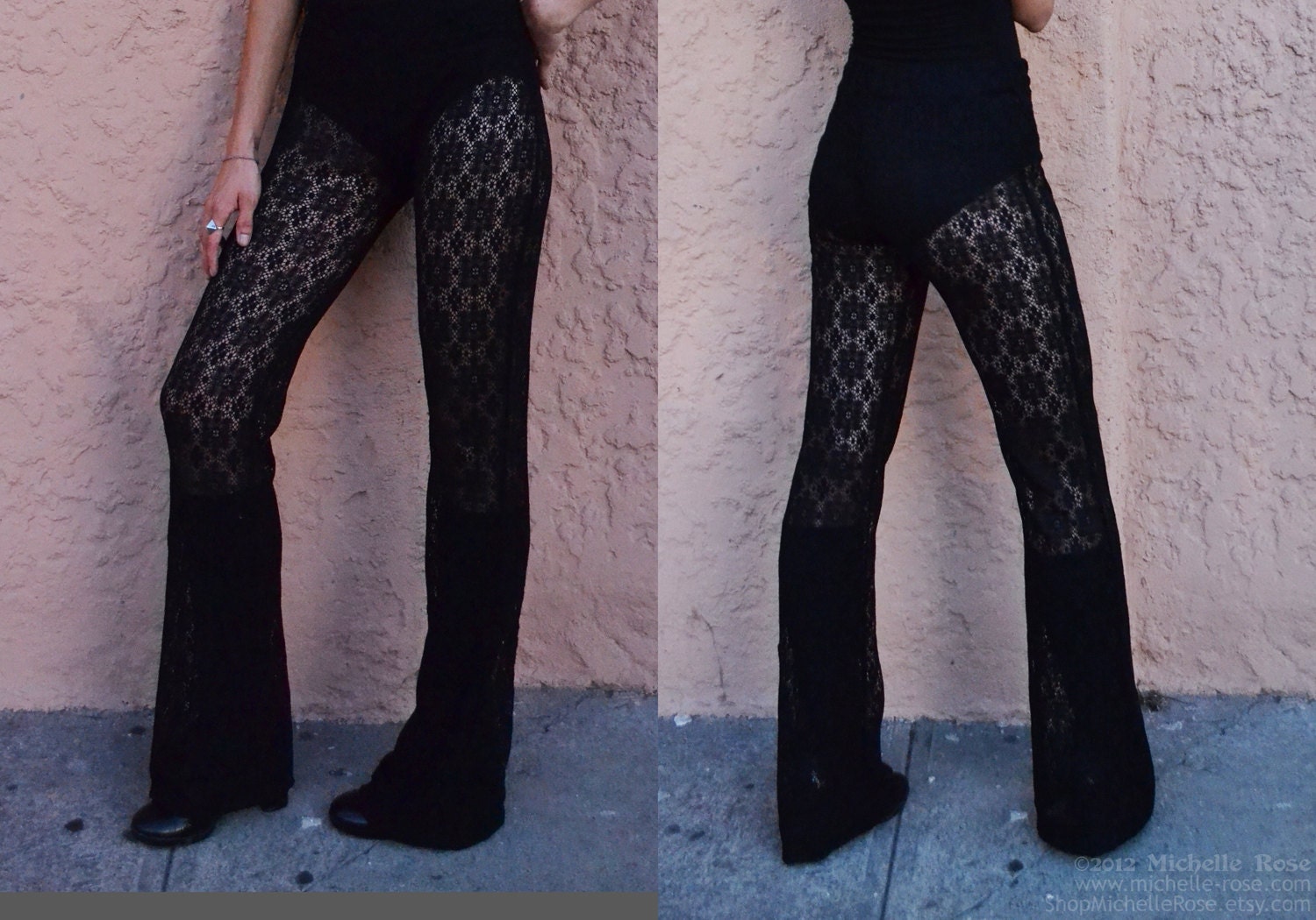 Black Lace Pants - Stretch Pants - Flared Bellbottom Knit Leggings - Elastic Waist - Crochet Lounge Pants - Size Small - Extra Small XS