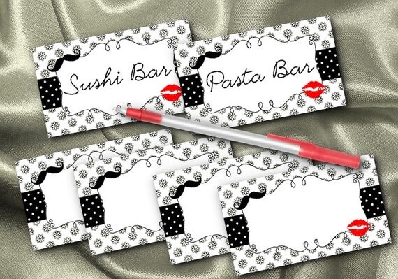 10 Blank Table Cards, Place Cards, Food Label Cards, Bridal Shower, Wedding Party, Bachelorette Party, Moustache, Kiss Il_570xn