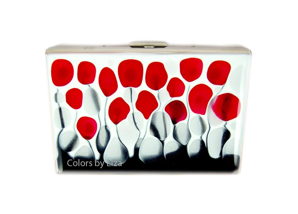 Metal Accordion Wallet Hand Painted Credit Card Holder Red Black and White Flowers Metal Wallet with Glossy Enamel Finish - colorsbyliza