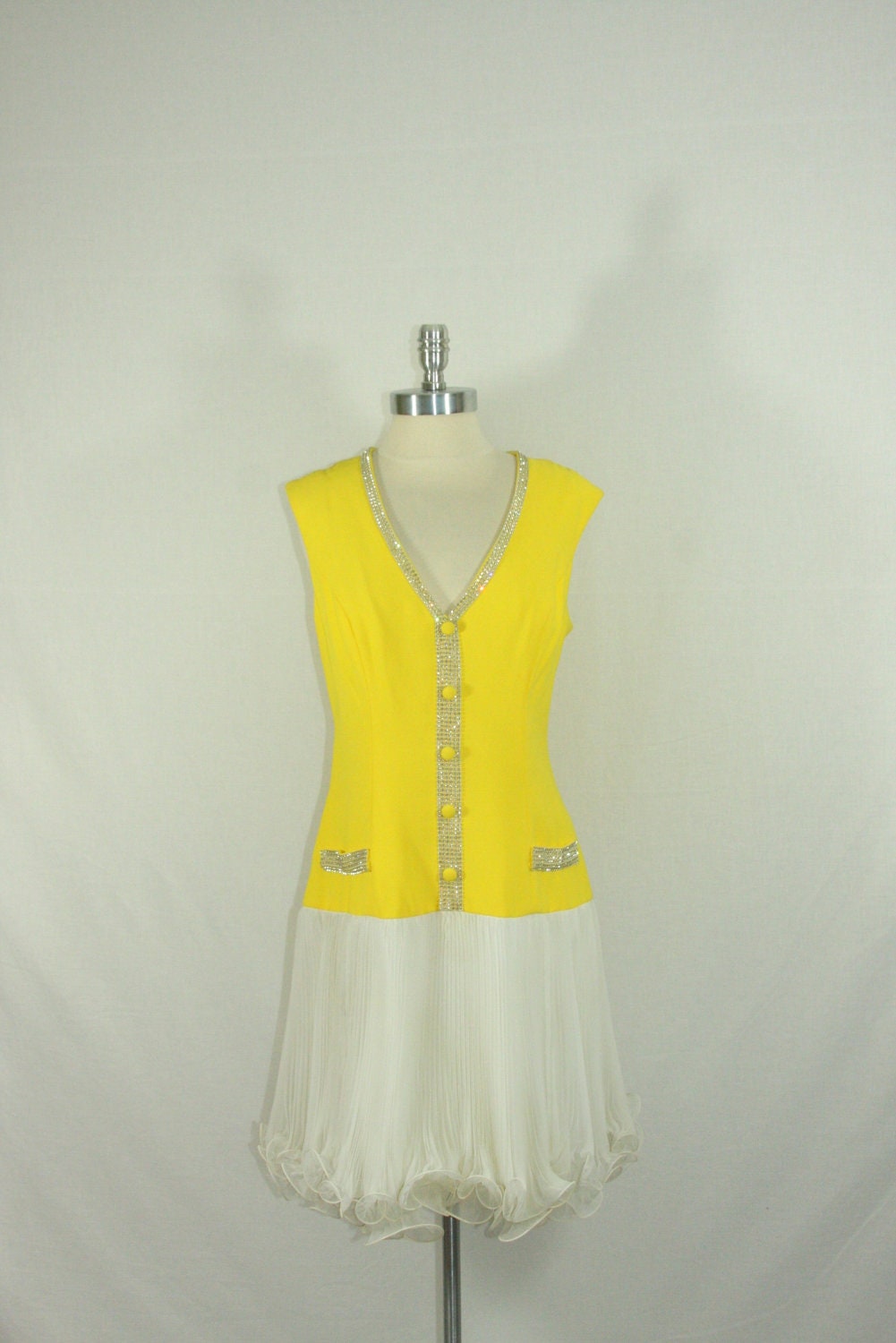Vintage Dress - 1960's Sleeveless Yellow and White with Rhinestones Drop Waist Accordion Pleated Lettuce Hem Skirt