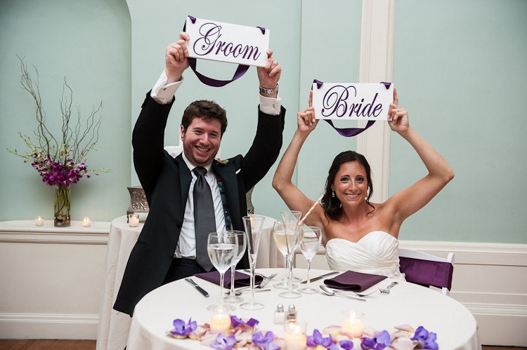 Wedding Signs, Bride and Groom Chair Signs with Thank You on the back.  6 x 12 inches, Crisp Paint, 2-sided, Reception, Photo Props.