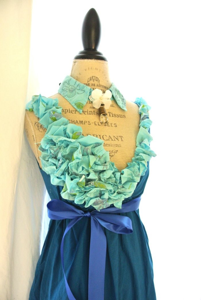 Garden party dress, romantic shabby sundress, ocean blue, beach, womens clothing, upcycled, bohemian