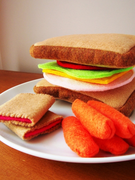 Felt Food Sandwich Eco Friendly Pretend Play Food Set for Childrens Toy Kitchen - Ham, Cheese, Lettuce, Tomato, Carrots, Cookies, PLUS PB&J
