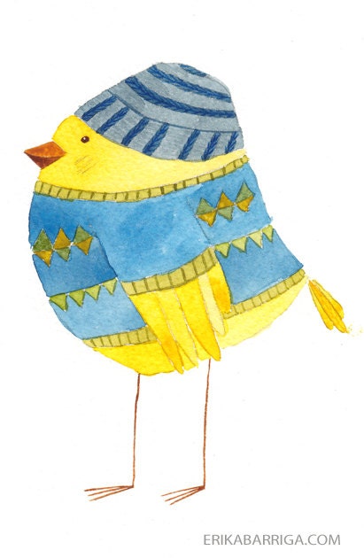 Blue Sweater Bird Watercolor Print